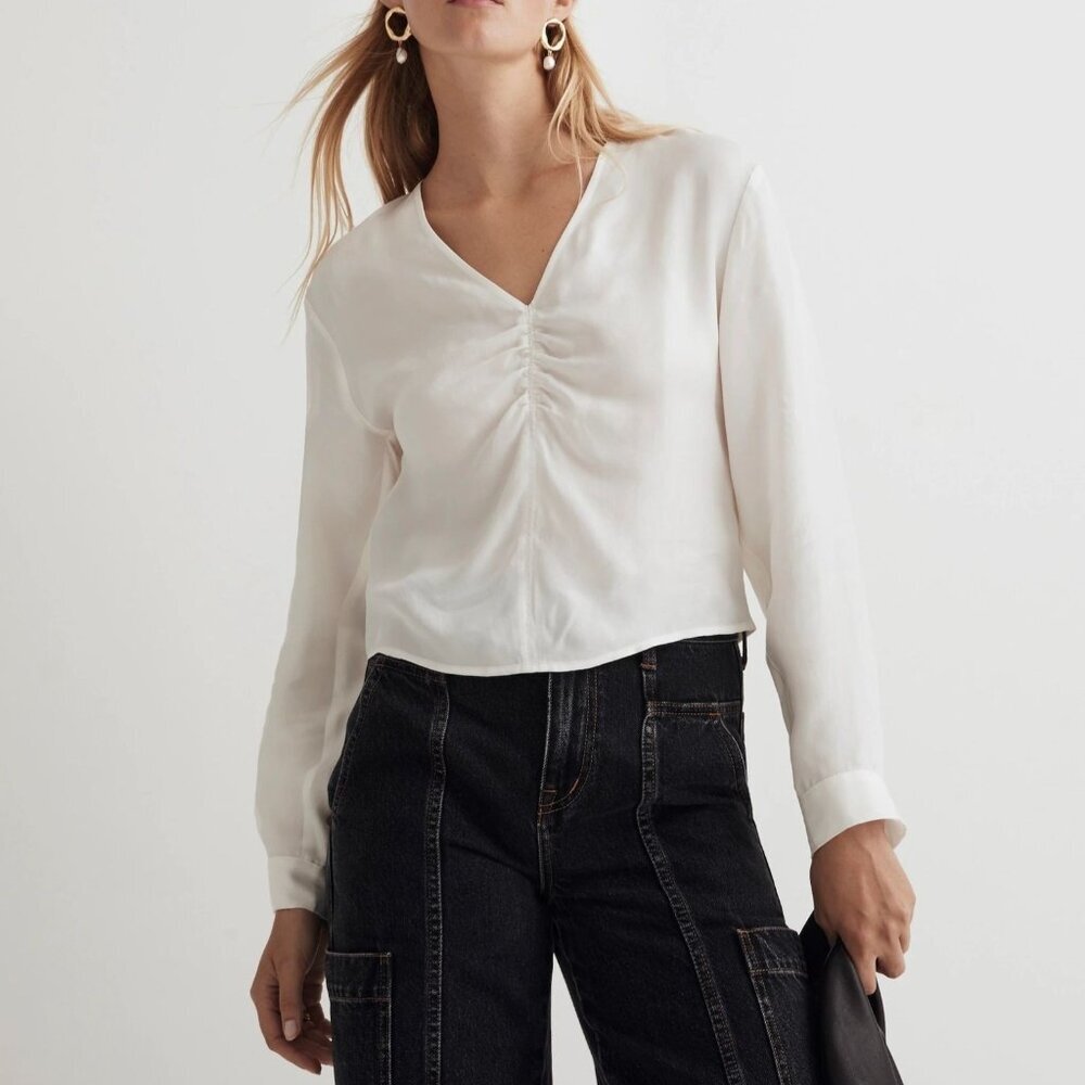 Madewell Brushed Ruched-Front Top Long Sleeve Regular Fit Lighthouse Size Small